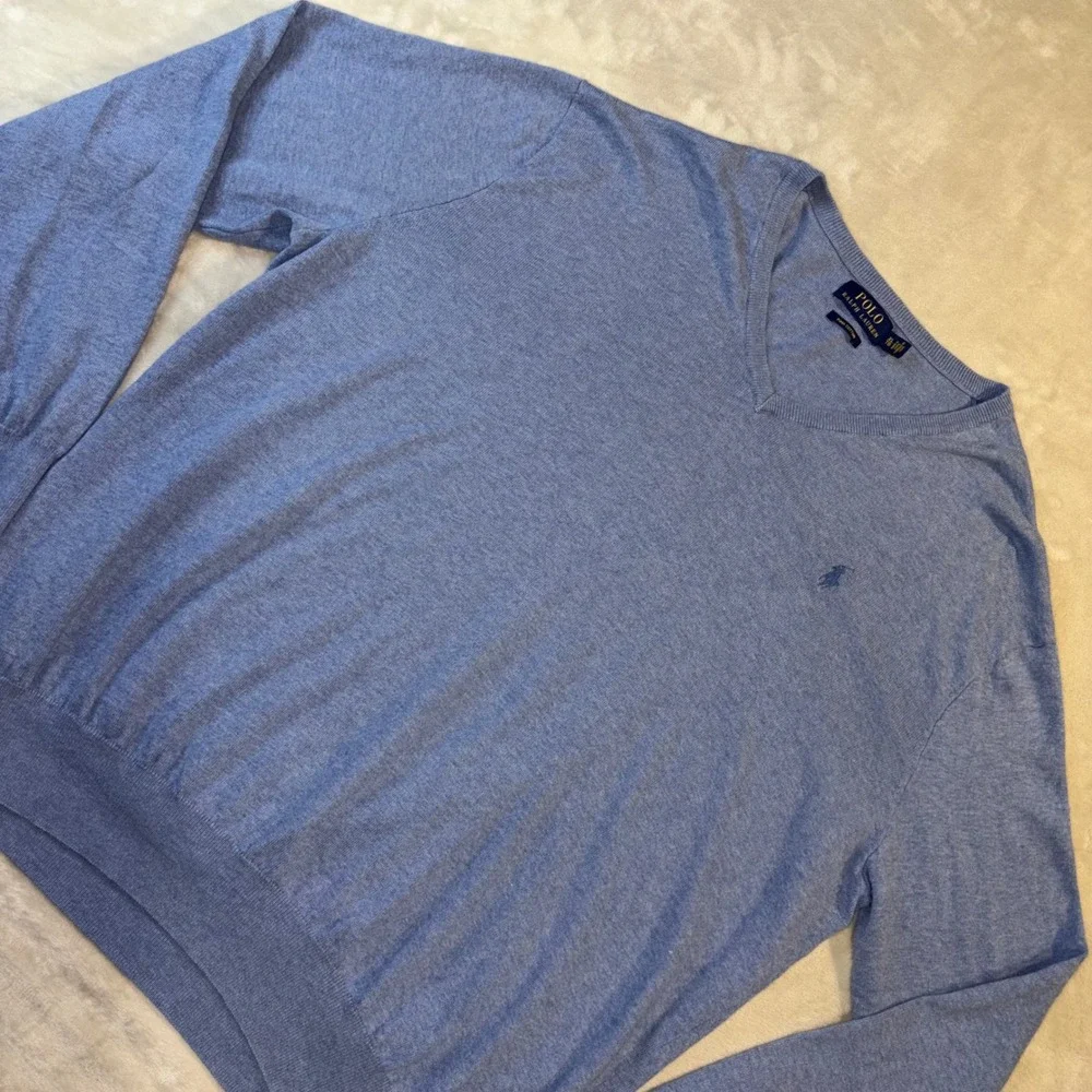 Polo Ralph Lauren Mens XL Pima Cotton V-Neck Sweater Blue Heather Knit Pony Logo